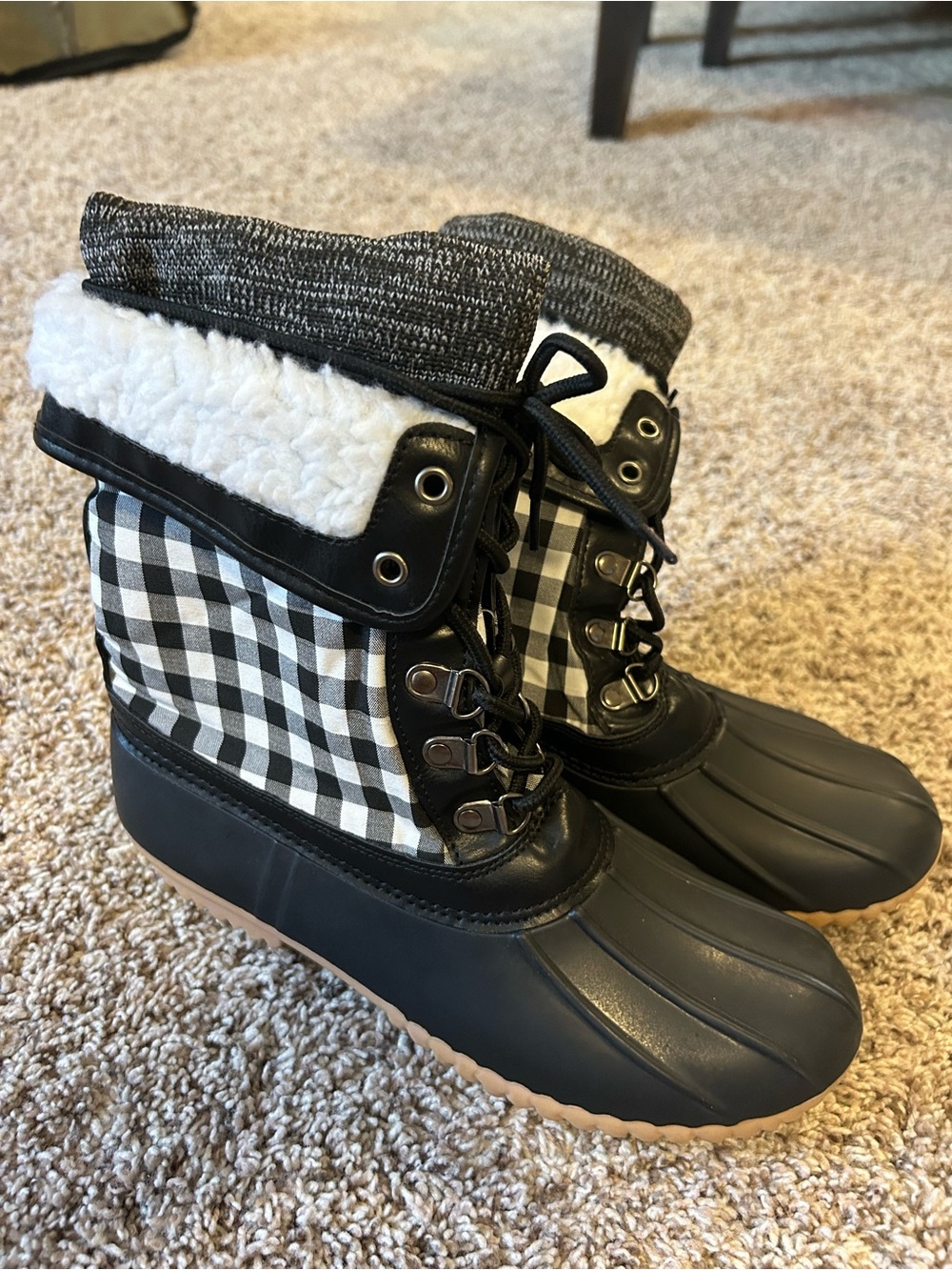 Women's Black & White Plaid Winter Duck Boots